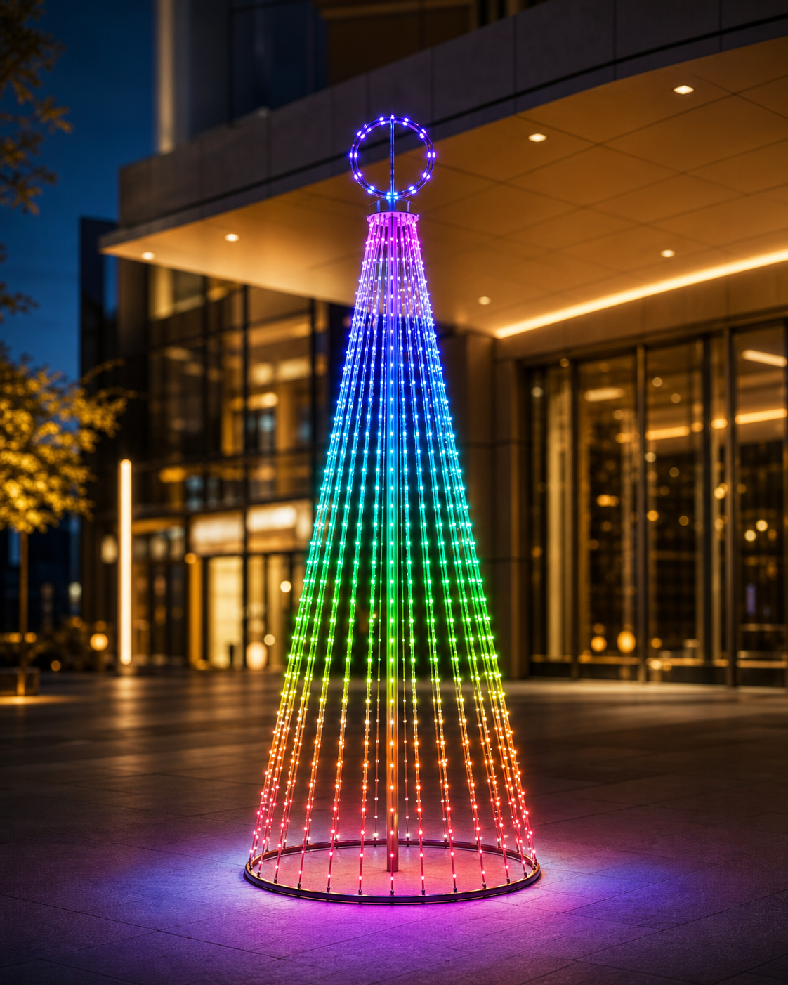 商业入口处的 3D 点控锥形树，垂直灯线呈现渐变 RGB 灯效