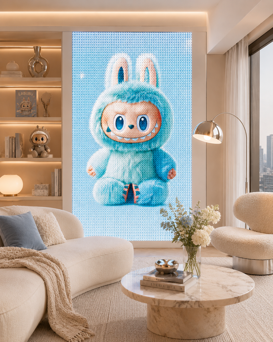 现代客厅中的 LED 点控随心屏，呈现蓝色潮玩风格像素图案